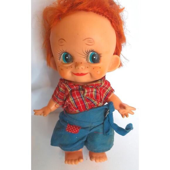 None and/or Unknown Other - Vintage 1960s Red Haired Vinyl Country Bumpkin Hillbilly Doll READ